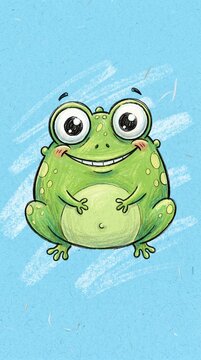 Friendly green frog character with large eyes and a cheerful expression, illustrated in a cute children's cartoon style.