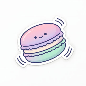 Kawaii pastel macaron sticker with a happy face, colorful french dessert illustration in sweet pink and purple colors