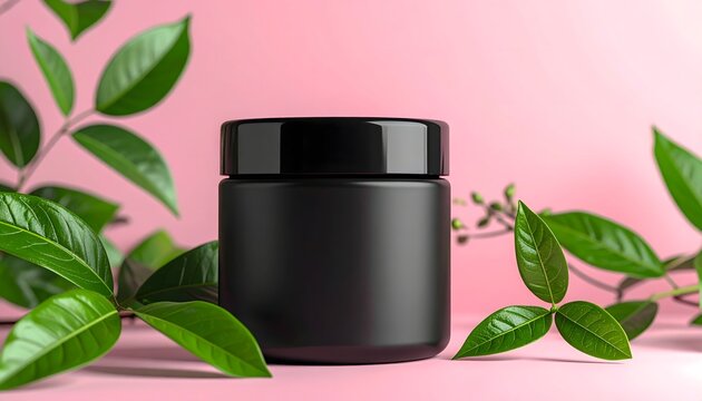 Black matte cosmetic cream jar container surrounded by fresh green leaves on soft pink background.