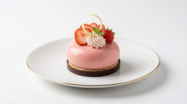 Pink strawberry cheesecake on white plate