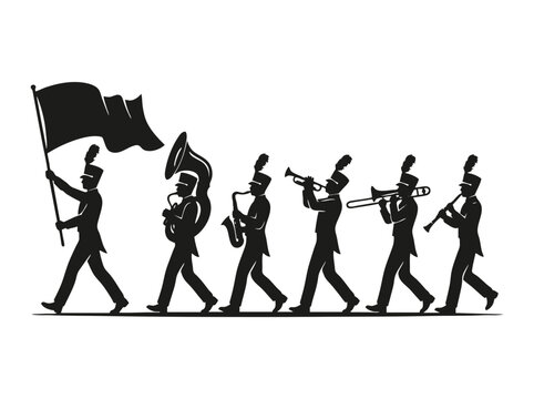 Marching band silhouette vector, musical parade performers with instruments and flag, brass band musicians in uniform walking in line
