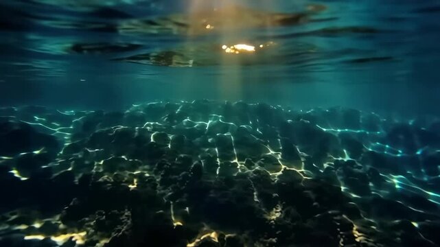 &nbsp;Abstract underwater scene with wavering, glowing caustic light patterns in deep blue