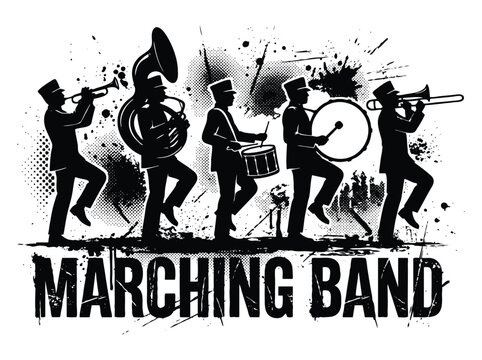 Marching band silhouette vector illustration, musical parade performers with brass and percussion instruments, grunge style musician group