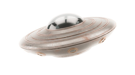 Metallic Flying Saucer UFO with Chrome Dome and Copper Rings Isolated on White Background, Sci-Fi Alien Spaceship © PNG