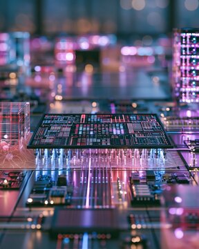 Advanced neural interface microchip integrated with living neuron cells showcasing intricate circuits glowing while transmitting signals.