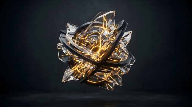 Abstract glass and black metal abstract sculpture with glowing yellow energy lines.