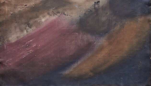 Abstract textured painting with sweeping brushstrokes in muted earthy tones of brown maroon and blue on canvas