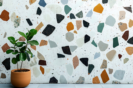 Modern terrazzo wall design featuring a stylish potted plant and contemporary decor.