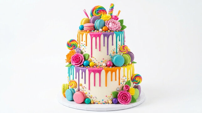 Colorful three-tiered birthday cake with candy decorations