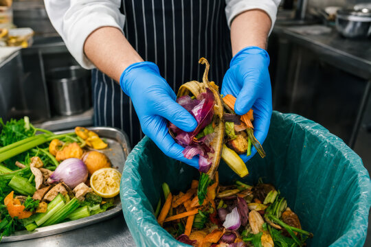 Close-up of faceless chef in gloves holding vegetable scraps above a compost bin in a commercial kitchen, highlighting food waste reduction, organic recycling, and sustainable restaurant practices.