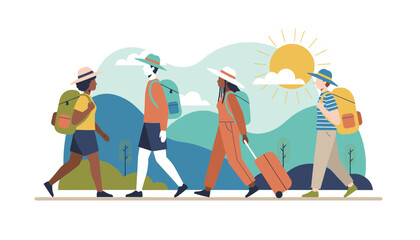 Fototapeta premium Group of four diverse tourists walking in the mountains with backpacks and suitcases under a bright sunny sky in vector art.