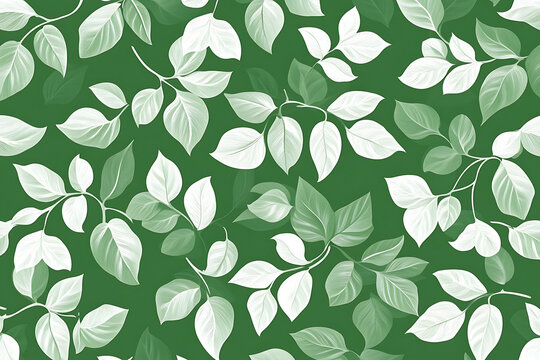 Seamless pattern of delicate white leaves arranged on a rich deep green background.