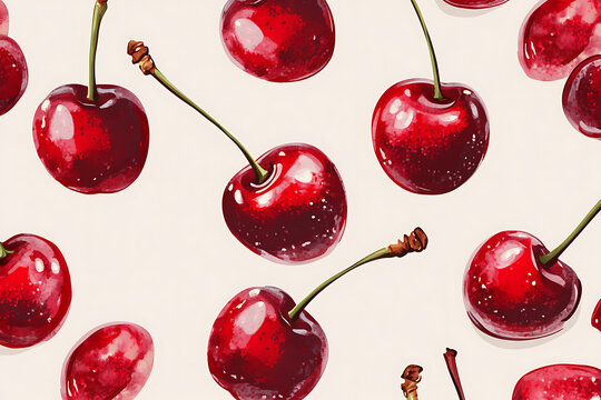 Seamless pattern of ripe red cherries arranged on a light decorative background.