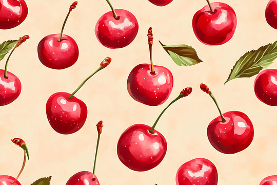 Seamless pattern of ripe red cherries with stems and leaves on a soft peach background.