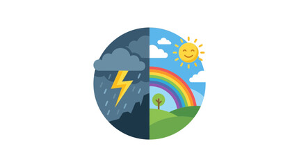 Obraz premium Weather forecast symbol showing storm and sunny day contrast