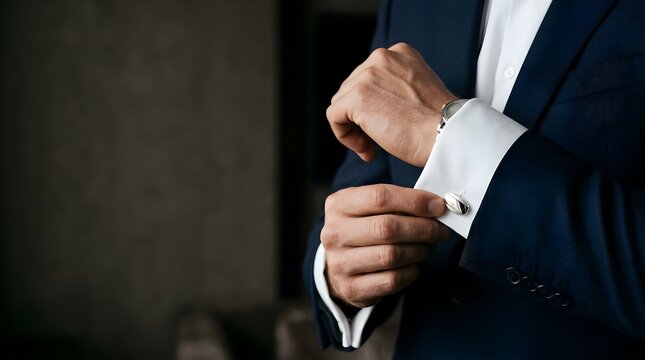 Close Up Executive Fastening Silver Cufflink on White Shirt Cuff.