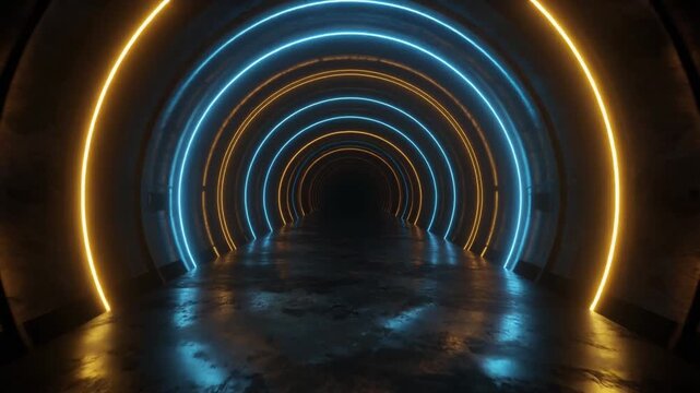 Futuristic glowing neon tunnel with dark concrete floor and blue and yellow circular light rings