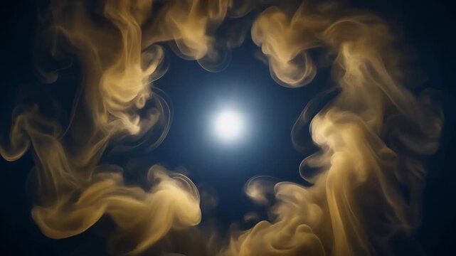 Swirling golden smoke clouds forming a circular frame around a bright central light source on a dark blue background