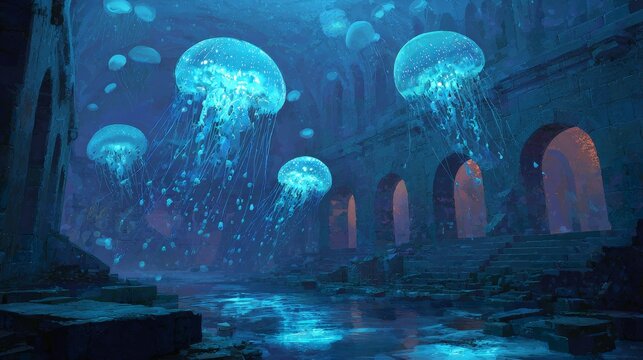 Bioluminescent jellyfish glowing and swimming through mysterious underwater ruins in a deep ocean marine environment