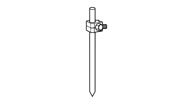 Hand-Drawn Vector Icon Illustration of a Grounding Copper Rod Stake with Brass Clamp Connector Used in Electrical Safety Systems and Technical Grounding Applications Documentation