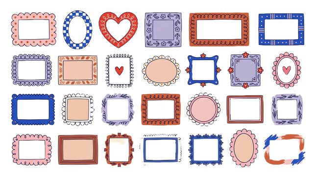 A collection of colorful decorative picture frames in various shapes including rectangles, circles, and hearts