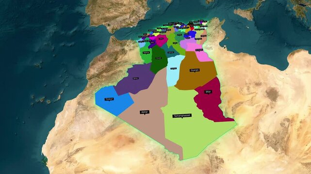 3D Animated Map of Algeria Highlighting Provinces, Flag Overlay, and North Africa Borders