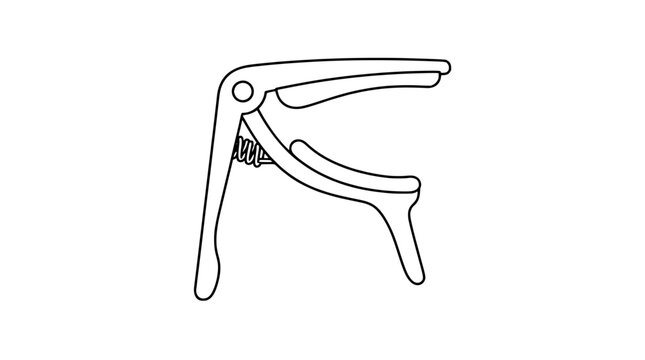Minimalist black line art vector icon illustration of a trigger-style guitar capo clamp with curved silicone bumper and spring mechanism for acoustic electric fretboard transposing musical pitch
