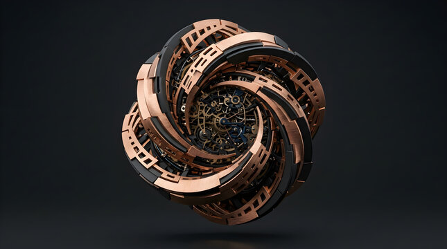 Abstract mechanical sphere with copper and black interlocking parts for complex engineering and industrial technology imagery.