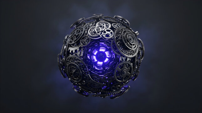 Intricate steampunk gear sphere with glowing purple core on dark background.