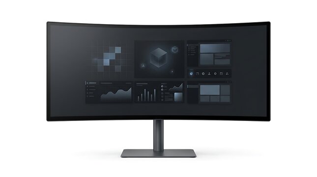 Curved ultrawide desktop monitor with dark dashboard interface