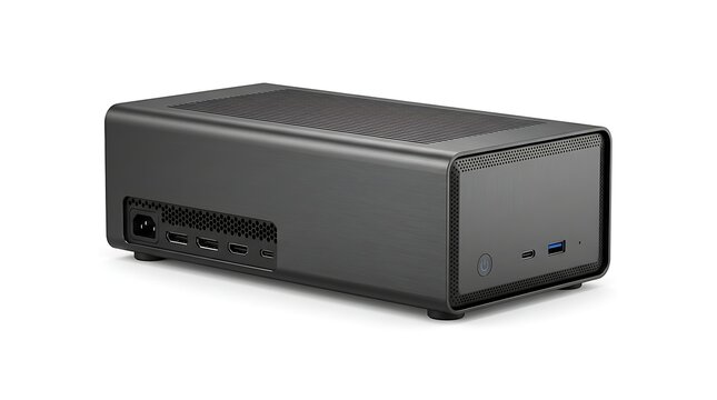 Compact aluminum computer enclosure on white background
