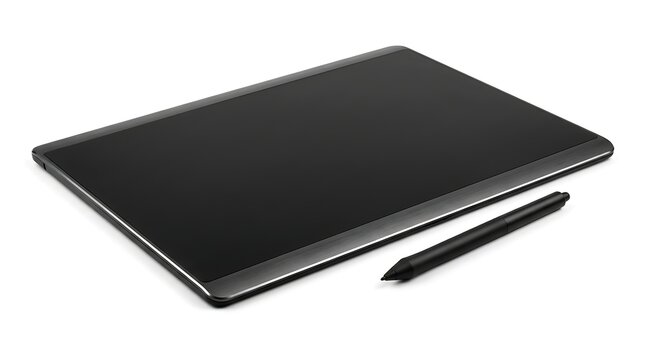 Digital graphics tablet with stylus pen on white background