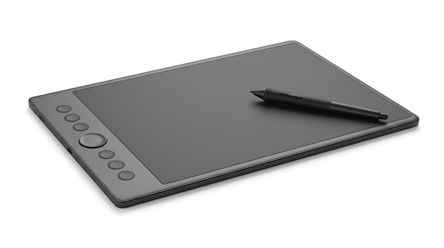 Black graphics tablet with stylus pen on white background