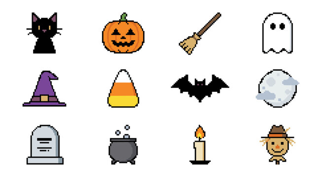 Halloween pixel art icon collection featuring a black cat, jack-o-lantern, witch's broom, ghost, pointed hat, candy corn, bat, full moon, tombstone, cauldron, candle, and scarecrow.