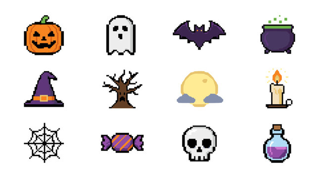 Set of twelve pixel art Halloween icons including a pumpkin jack-o'-lantern, ghost, bat, cauldron, witch hat, spooky tree, full moon, candle, spider web, candy, skull, and magic potion flask.