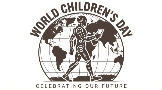 World children's day emblem featuring a futuristic robot walking in front of a world globe childrens day artificial