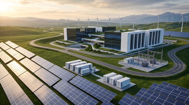 Modern sustainable data center campus integrated with large scale solar farm and wind turbines in rural green landscape at sunset for renewable energy power infrastructure concept 3D render