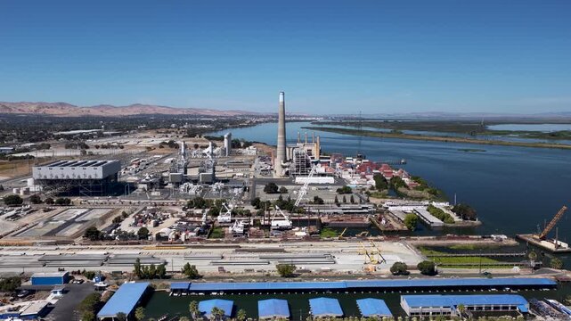 Industrial power plant aerial view on the San Joaquin River