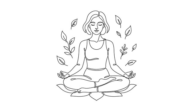 Minimalist line art woman meditating in lotus yoga pose surrounded by leaves, wellness and mindfulness concept