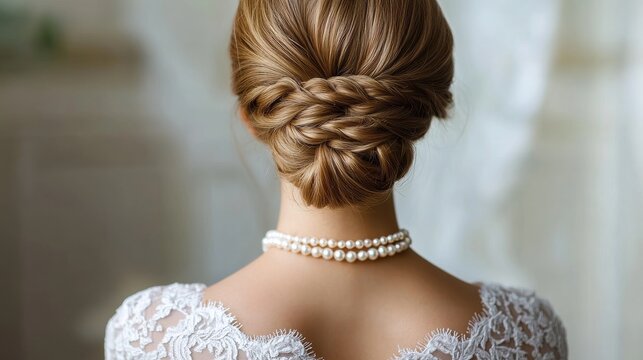 Elegant braided updo hairstyle with pearl necklace and lace dress