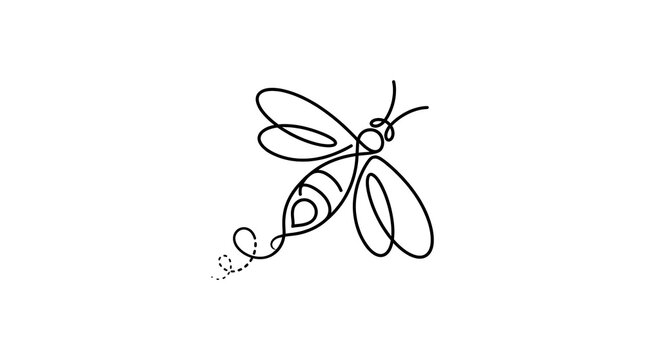 Minimalist one line art drawing of bee flying isolated on white background continuous outline