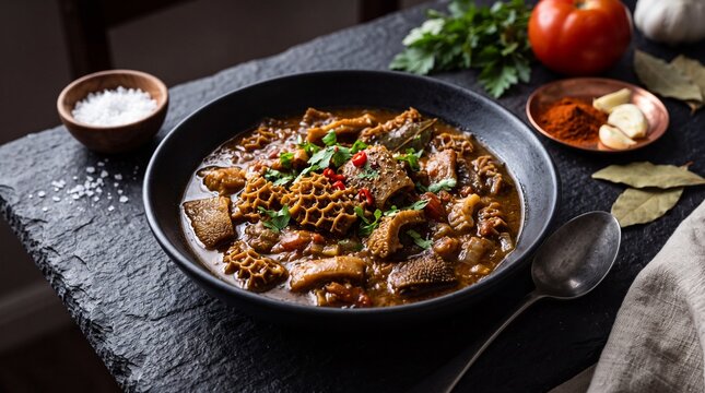 Traditional Zimbabwean Maguru, Beef Tripe Stew with Tomato, Onion and Parsley in a Rustic Clay Bowl on an Aged Wooden Table with a Woven Coaster