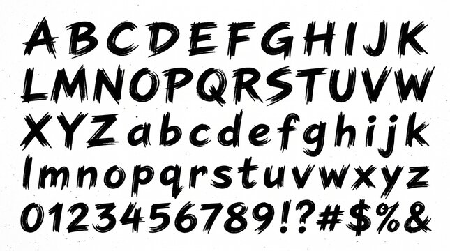 Dynamic handwritten brush font showcasing a complete alphabet, numerals, and symbols with an edgy, artistic flair for graphic design projects