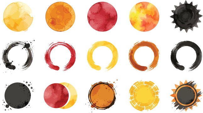 Abstract watercolor enso circles and ink splash round stains set