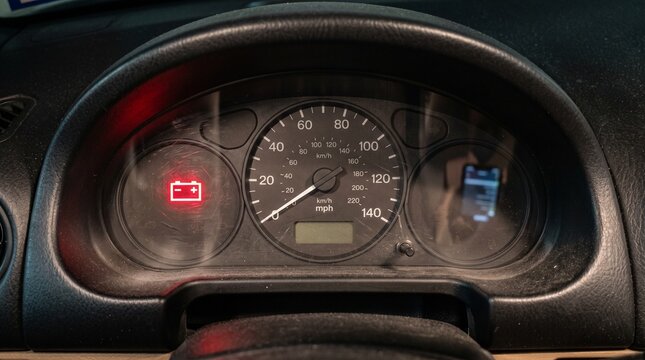 Car dashboard instrument cluster photo. Red battery warning light illuminated. Speedometer gauge