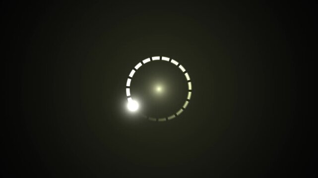 Circular loading animation progress indicator with bright glowing light spinning clockwise around a segmented ring on a dark, abstract background, representing data processing and waiting.