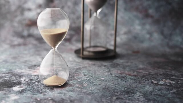 Close up shot of hourglass on a textured surface with sand flowing through