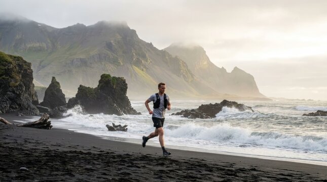 Man running on a black sand beach with dramatic ocean waves and cliffs.