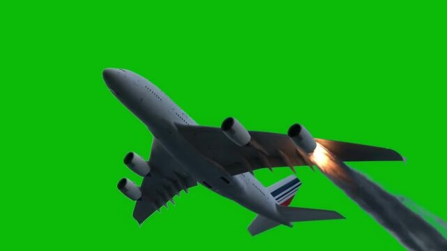 Large military transport cargo airplane flying in sky isolated on green screen chroma key video overlay