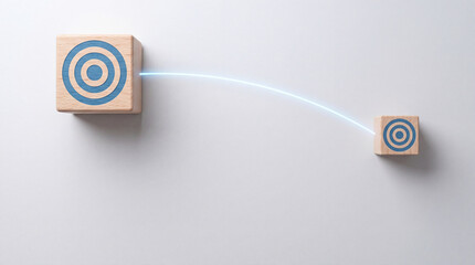 Fototapeta premium Concept of Digital Financial Transaction and Money Transfer Represented by Wooden Blocks with Target Icons and a Glowing Blue Connection Line on a Neutral Minimalist Background